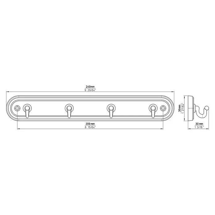 Siro Schlüsselbrett - L x H: 240 x 36 mm, Kunststoff - Technische Zeichnung einer länglichen Wandgarderobe mit vier Haken und Maßangaben für Breite, Höhe und Tiefe.