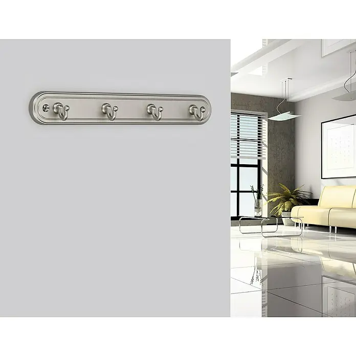 Siro Schlüsselbrett - L x H: 240 x 36 mm, Kunststoff - Ein silberner Wandhakenleiste mit vier Haken zum Aufhängen von Kleidung oder Accessoires. Das Produkt ist stilvoll und modern.