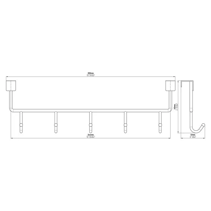 Siro Türgarderobe 2378 - L x H: 355 x 110 mm, Anzahl Haken: 5 Stk., Verchromt - Technische Zeichnung einer Türgarderobe mit Maßen. Ideal für zusätzlichen Stauraum, einfache Montage ohne Bohren.