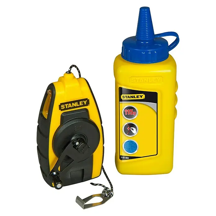 Stanley Schlagschnurgerät STHT0-47244 - Länge Schnur: 9 m - Stanley Kreideschnur-Set mit einer Kreide-Füllflasche. Das Set ist ideal, um präzise Linien auf Oberflächen zu markieren.