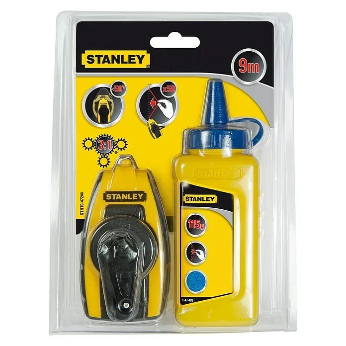 Stanley Schlagschnurgerät STHT0-47244 - Länge Schnur: 9 m - Stanley Markierungs Kreideset mit 9m Rolle, 115g Kreide, ideal zum Markieren von Linien und Flächen.
