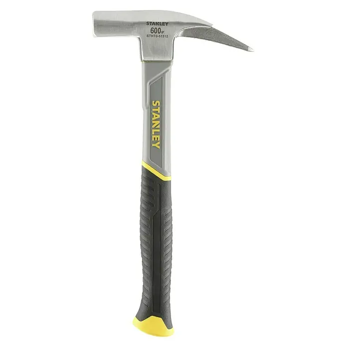 Stanley Zimmermannshammer STHT0-51312 - Gewicht Kopf: 600 g, Geraute Bahn - Ein Stanley 600g Geologenhammer mit grauem und schwarzem Griff und gelben Akzenten. Das Werkzeug ist gut geeignet für Feldarbeiten.