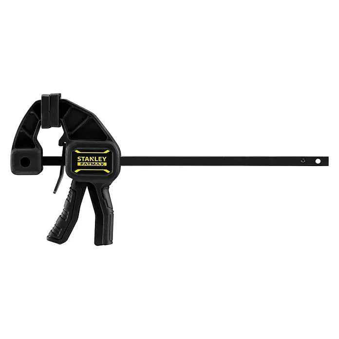 Stanley FatMax Einhandzwinge - Spannweite: 120 mm, Ausladung: 38 mm - Eine Stanley FatMax Einhandzwinge in Schwarz und Gelb, ideal zum Fixieren von Werkstücken beim Heimwerken oder in der Werkstatt.