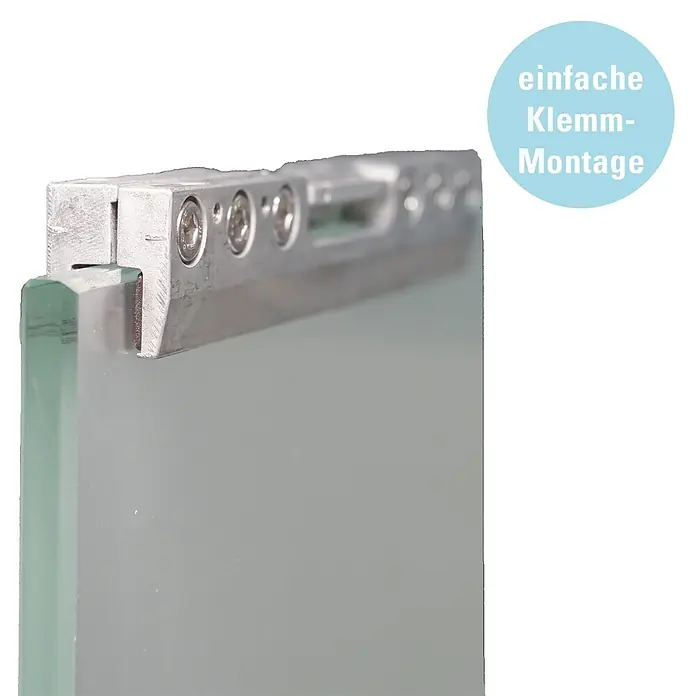 Diamond Doors Black Edition Schiebetür-Komplettset Lines935 x 2.058 mm, Klarglas - Detailaufnahme einer Glasklemme mit "einfache Klemm-Montage"-Aufdruck, die eine einfache Installation des Produkts hervorhebt.