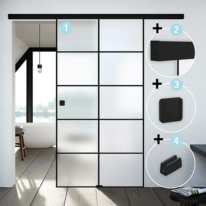 Diamond Doors Black Edition Schiebetür-Komplettset Loft - 935 x 2.058 mm, Milchglas - Eine Glasschiebetür mit schwarzem Rahmen und matten Glaseinsätzen, zusammen mit Montageelementen.