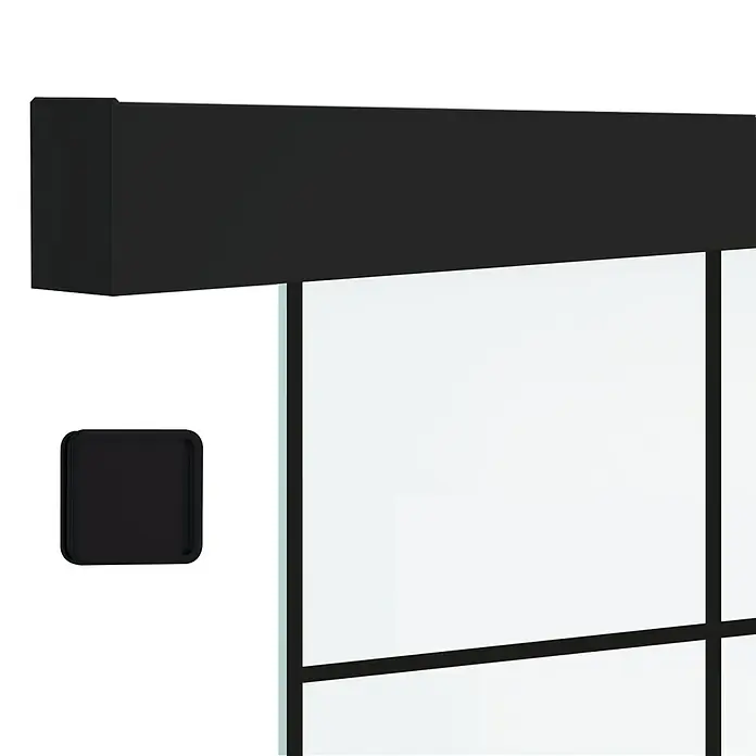 Diamond Doors Black Edition Schiebetür-Komplettset Loft - 935 x 2.058 mm, Milchglas - Eine minimalistische Ansicht einer modernen, rechteckigen Projektionswand mit schwarzem Rahmen und zugehörigem Zubehör.
