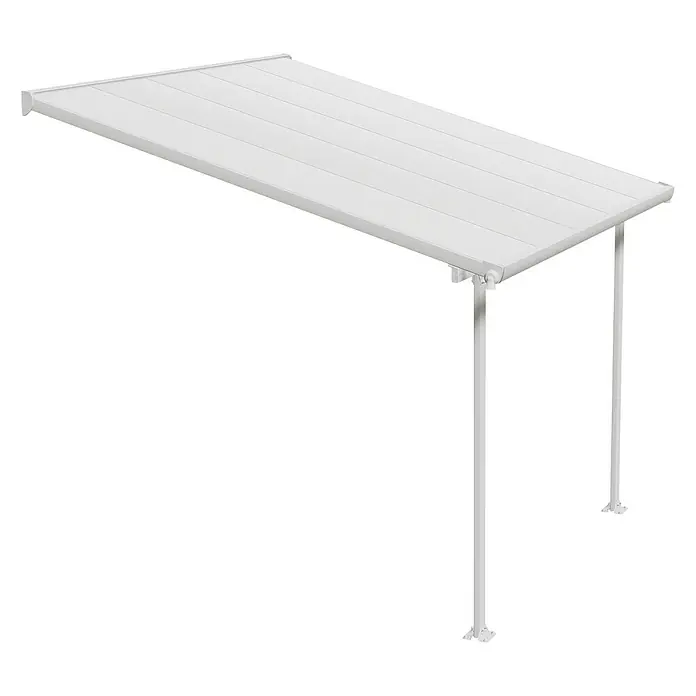 Solid Elements Terrassenüberdachung Martina - B x T: 305 x 300 cm, Verkehrsweiß, Polycarbonat, Transparent - Diese Abbildung zeigt eine stilvolle, weiße Terrassenüberdachung mit schlanken Stützen, die Schatten spendet und das Outdoor-Erlebnis verbessert.