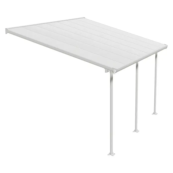 Solid Elements Terrassenüberdachung Martina - B x T: 425 x 300 cm, Verkehrsweiß, Polycarbonat, Transparent - Bild eines weißen Terrassendachs mit Stützpfosten. Das Dach bietet Schatten und Schutz im Freien.