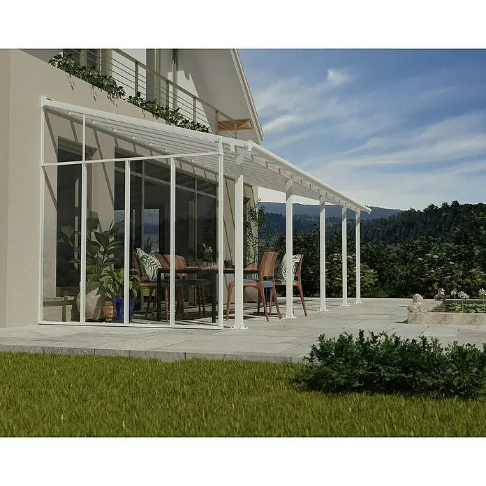 Solid Elements Seitenwand Martina - Passend für: Solid Elements Terrassenüberdachungen Martina 3 m Tiefe, Verkehrsweiß - Diese Aufnahme zeigt eine moderne Terrassenüberdachung, die einen stilvollen und wettergeschützten Außenbereich schafft. Ideal für entspannte Stunden im Freien.