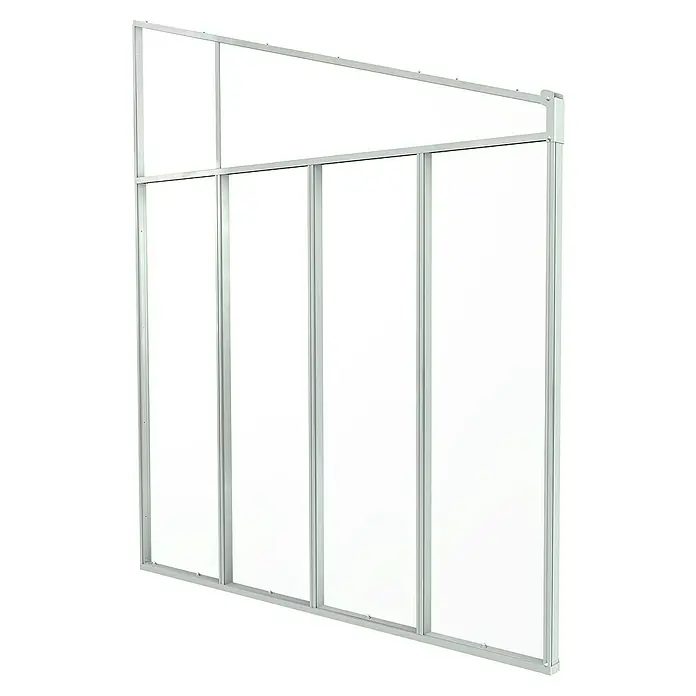 Solid Elements Seitenwand Martina - Passend für: Solid Elements Terrassenüberdachungen Martina 3 m Tiefe, Verkehrsweiß - Detailaufnahme einer Trennwand mit silberfarbenem Rahmen und vier transparenten Paneelen, die Helligkeit und Struktur in den Fokus rückt.