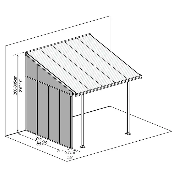 Solid Elements Seitenwand Martina - Passend für: Solid Elements Terrassenüberdachungen Martina 3 m Tiefe, Verkehrsweiß - Ansicht eines Gartenpavillons mit Maßen. Das Produkt ist eine freistehende Struktur mit Dach und Stützpfeilern.