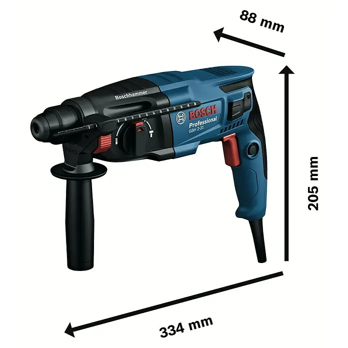 Bosch Professional Kombihammer GBH 2-21 - 720 W, 2 J, SDS-Plus-Aufnahme, Inkl. Koffer - Bild einer blauen Bosch GBH 2-21 Professional Bohrmaschine mit Größenangaben.