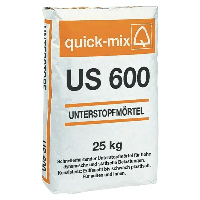 Unterstopfmörtel US 600 - 25 kg, Körnung: 0 mm - 1 mm - Aufnahme eines Sackes Quick-Mix US 600 Unterstopfmörtel, einem schnellhärtenden Mörtel für dynamische und statische Belastungen.