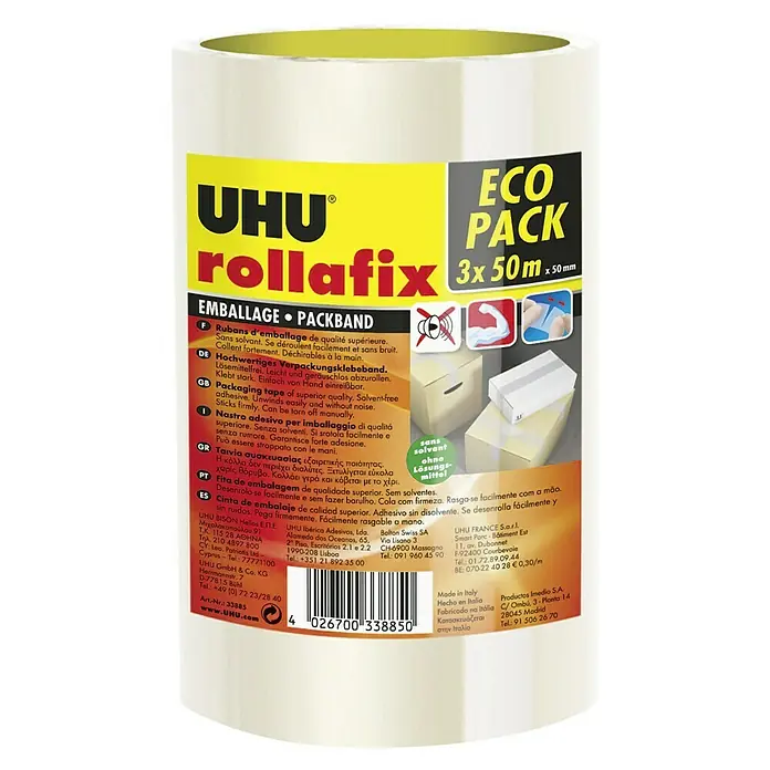 UHU Packband Rollafix EcoPack - Transparent, 3 Stk., L x B: 50 m x 5 cm - UHU rollafix Eco Pack: Hochwertiges, lösemittelfreies Verpackungsklebeband. Leicht abzurollen, klebt stark und ist einfach von Hand abreißbar.