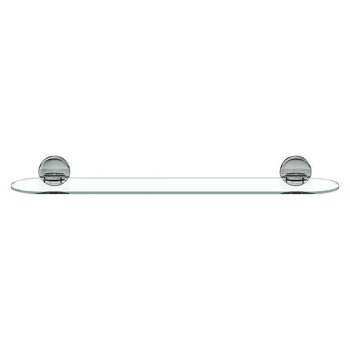 Lenz Flame Glasablage - Breite: 60 cm, Montageart: Schrauben, Verchromt - Diese Aufnahme zeigt ein einzelnes, klares Glasregal, das an Chromhalterungen an einer schwarzen Wand befestigt ist.