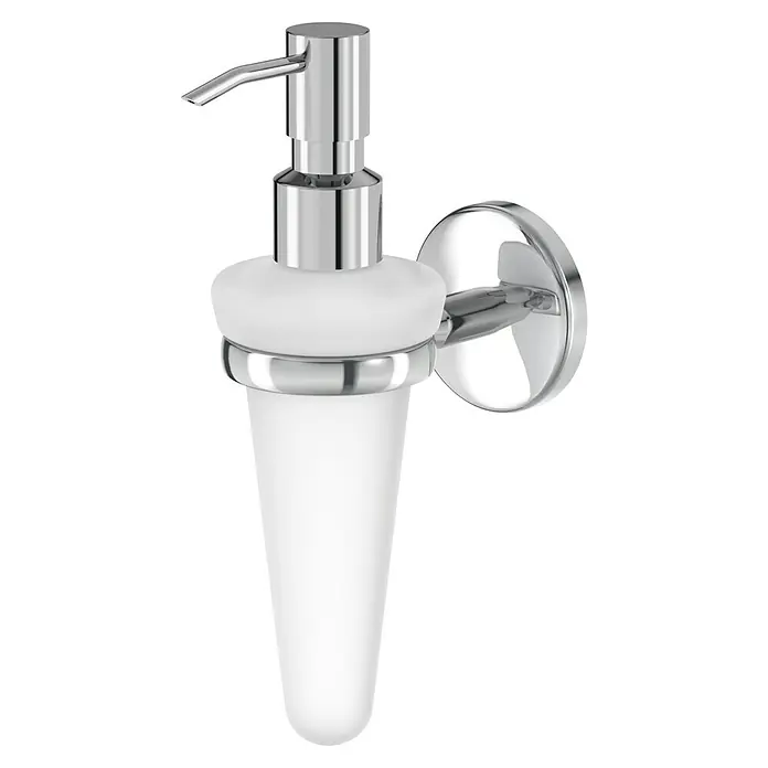 Lenz Flame Seifenspender - Mit Halterung, Chrom, Glänzend - Wandmontierter Seifenspender in Chrom und Weiß, elegantes Design für Badezimmer oder Küche. Praktisch und stilvoll.