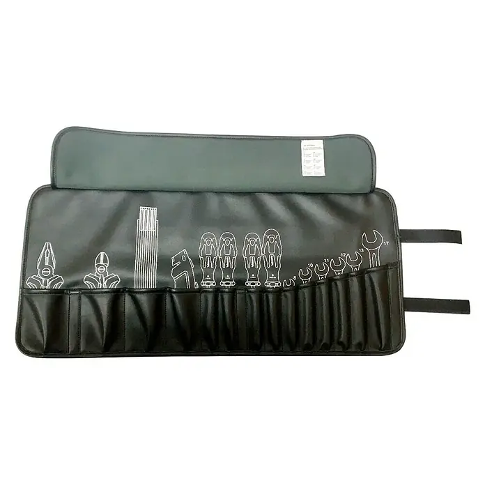 BAUHAUS Werkzeugtasche - Kunstleder, Ohne Werkzeug, Faltbar - Werkzeugrolle aus schwarzem Leder mit Werkzeugmotiven, praktisch zur Aufbewahrung und zum Transport von Werkzeugen.