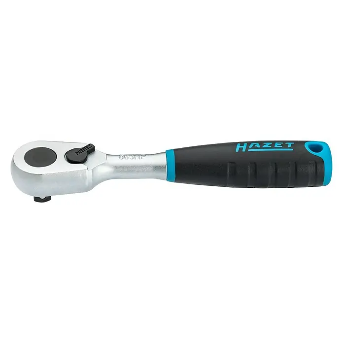 Hazet Umschaltknarre 863HP - 116 mm, ¼″ Vierkant - Nahaufnahme einer HAZET 863HP Knarre mit blau-schwarzem Griff auf schwarzem Hintergrund.