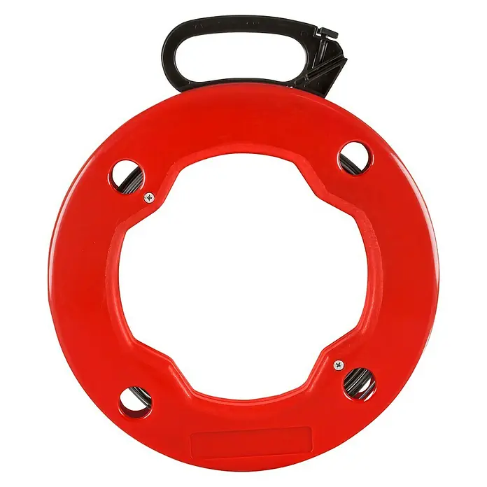 Einziehfeder - Durchmesser: 30 cm, Länge: 30 m - Rotes Kabeleinziehwerkzeug mit schwarzem Griff und Öffnungen zum einfachen Einziehen von Kabeln durch Rohre und Wände.