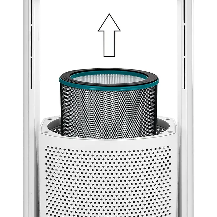 HEPA-Filter - Passend für: Proklima Mini-Turmventilator 28239903 - Luftreiniger mit Pfeil nach oben, der die Richtung des Filterwechsels anzeigt. Der Filter ist zylindrisch und mit einem blauen Rand versehen.