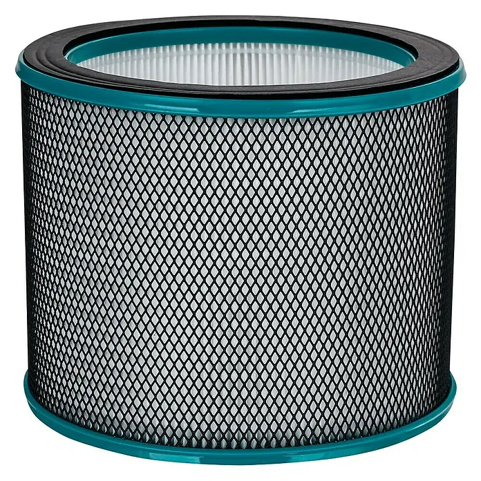 Filtro HEPA 13 - Específico para: Mini ventilador de torre Proklima 28239903 - Este es un filtro purificador de aire con una rejilla negra y detalles turquesa en los bordes. Filtra eficazmente las partículas del aire.