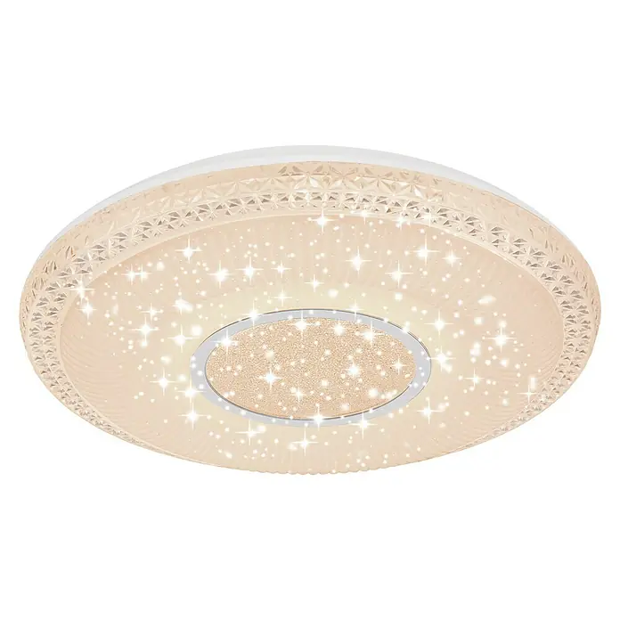 Globo LED-Deckenleuchte rund Klemens - 40 W, Ø x H: 500 mm x 9 cm, Chrom - Deckenleuchte mit Sternenhimmel-Effekt. Sie strahlt warmes Licht aus und verfügt über ein modernes Design mit dekorativem Rand.