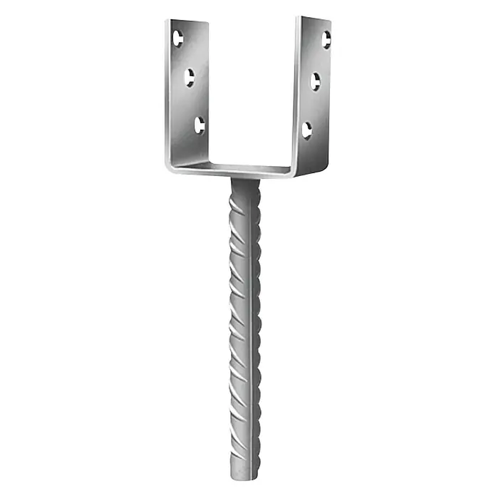 Stabilit Soporte en U - L x An x Al: 91 x 50 x 80 mm - Anclaje metálico para postes en forma de U con orificios, ideal para asegurar postes y estructuras de madera.