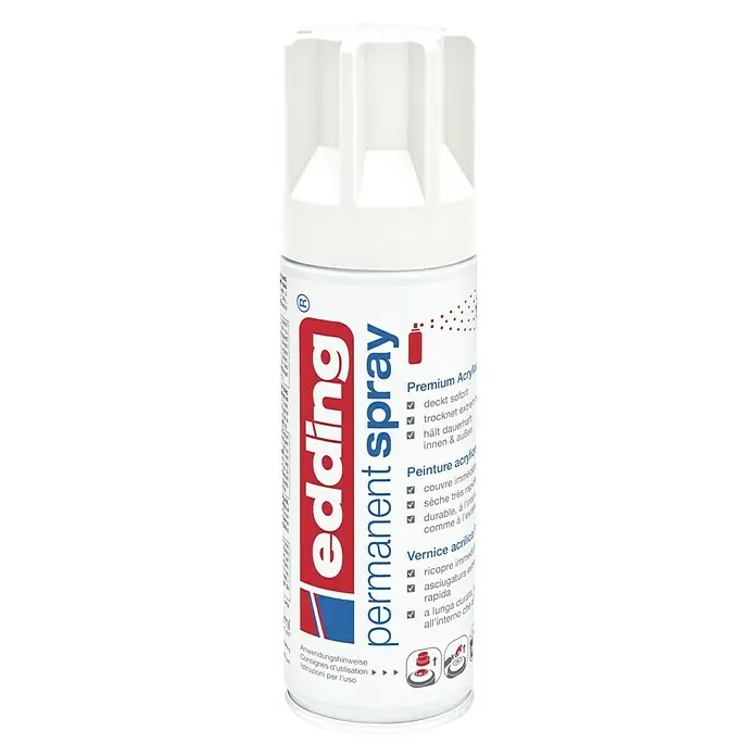 Edding Sprühlack - Verkehrsweiß (RAL 9016), Seidenmatt, 200 ml - Edding Permanent Spraydose in Weiß. Das Acrylspray deckt sofort, trocknet schnell und ist für Innen- und Außenbereiche geeignet.
