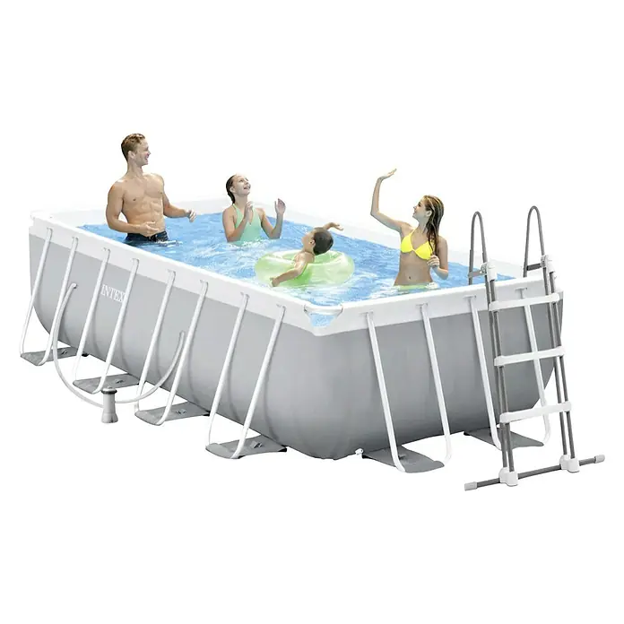 Intex Piscina Frame Prisma Quadra - L x An x Al: 400 x 200 x 100 cm, Gris, 6.836 l - Familia disfrutando de la piscina Intex Frame. La piscina ofrece una construcción robusta y gran diversión para toda la familia.