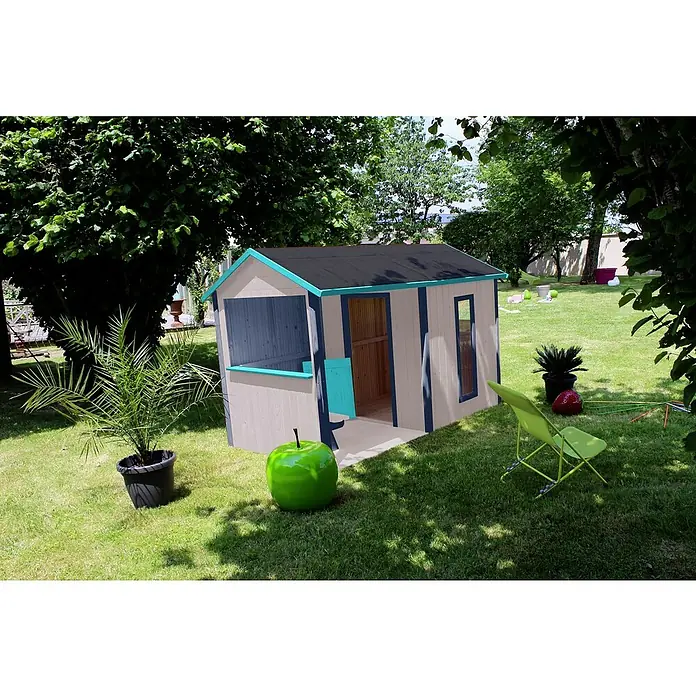 Soulet Spielhaus Jazz - L x B x H: 242 x 143 x 160 cm, Holz - Farbenfrohes Spielhaus im Garten mit Grünfläche und Gartenstuhl, ideal zum Spielen und Entspannen im Freien.