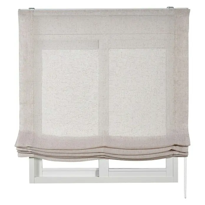 Estor enrollable Paqueto Linum - An x Al: 90 x 175 cm, Lino, Unicolor - Una persiana romana beige cubre una ventana blanca, proporcionando privacidad y una luz suave y natural a la habitación.