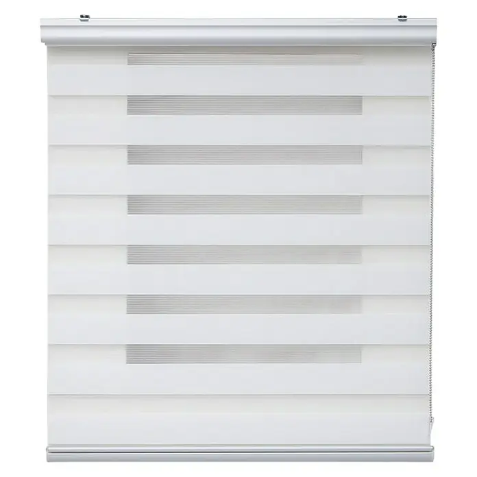 Estor noche y día Platinum - An x Al: 80 x 250 cm, Blanco - Primer plano de un elegante estor enrollable Zebra blanco con rayas horizontales, que filtra suavemente la luz.