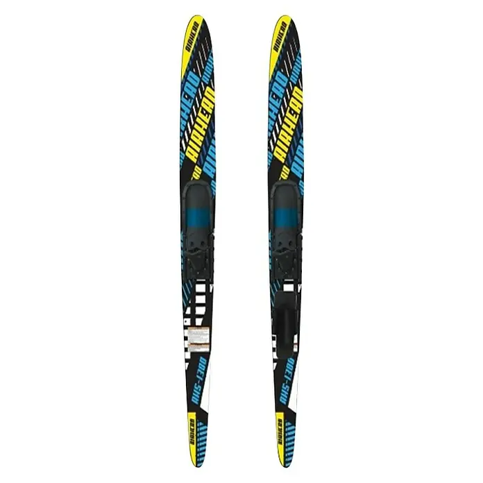 Esquí acuático Combo - 170 cm, Apto para: Esquiador de agua - Detalle de dos esquíes acuáticos Airhead, modelo RHS-1300, con un diseño azul y amarillo para los amantes de los deportes acuáticos.