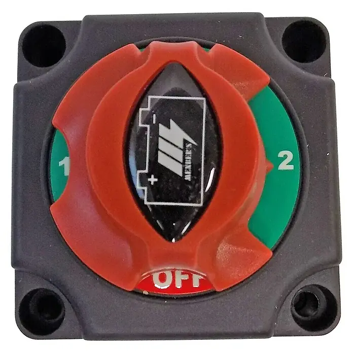 Interruptor de batería 4 posiciones - 12 V - 24 V, Corriente de carga: 300 A - Interruptor selector de batería con perilla roja y opciones 1, 2 y apagado, utilizado para seleccionar la batería en un vehículo.