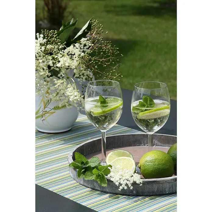 Blu Bio Minze Hugo - Mentha spicata - Erfrischende Getränke: Zwei Gläser mit Limetten, Minze und Eiswürfeln auf einem Tablett, begleitet von einer Vase mit Holunderblüten.