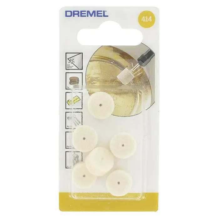 Dremel Fieltro de pulido 414 - Diámetro: 13 mm, 6 ud. - Ruedas de pulido Dremel 414: Juego de ruedas de pulido de fieltro para herramientas rotativas, ideal para pulir metales y plásticos.