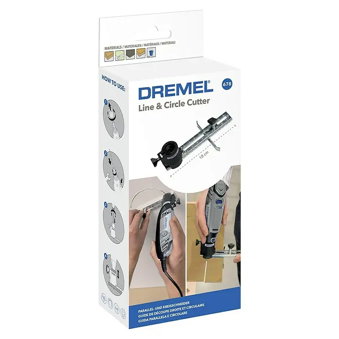 Dremel Parallel- & Kreisschneider Mod. 678 - Passend für: Dremel Multifunktionsgeräte, Max. Schneiddurchmesser: 300 mm - Produktverpackung des Dremel 678 Linien- und Kreisschneiders mit Anwendungsbeispielen und Zubehördetails.