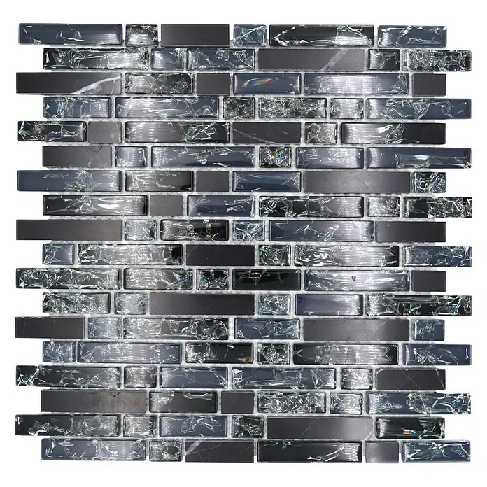 Mosaikfliese Verbund Crystal Mix XIC V1328 - 29,8 x 30,5 cm, Schwarz, Glänzend - Detailaufnahme einer Mosaikfliese in Grau- und Silbertönen mit glänzenden Akzenten für moderne Wandgestaltung.