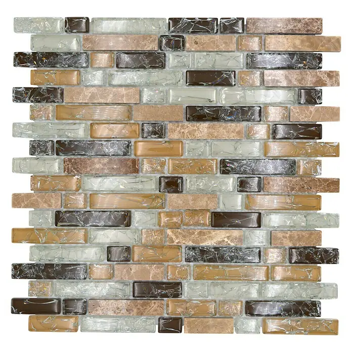 Mosaikfliese Verbund Crystal Mix XIC V1353 - 29,8 x 30,5 cm, Beige, Glänzend - Ein rechteckiges Mosaik aus Glas und Stein in Braun- und Beigetönen für Wand- und Bodenfliesen, das jedem Raum einen Hauch von Eleganz verleiht.