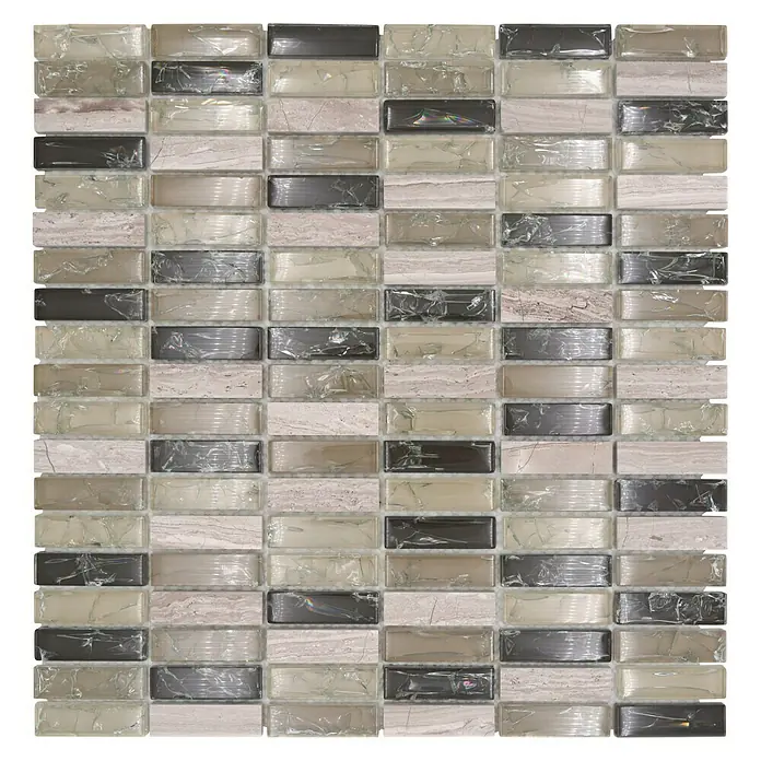 Mosaikfliese Crystal Mix XIC S1252 - 32,2 x 31 cm, Grau/Grün, Glänzend - Elegante Mosaikfliese mit Glas- und Marmorelementen in neutralen Farbtönen, ideal für stilvolle Wandgestaltung.