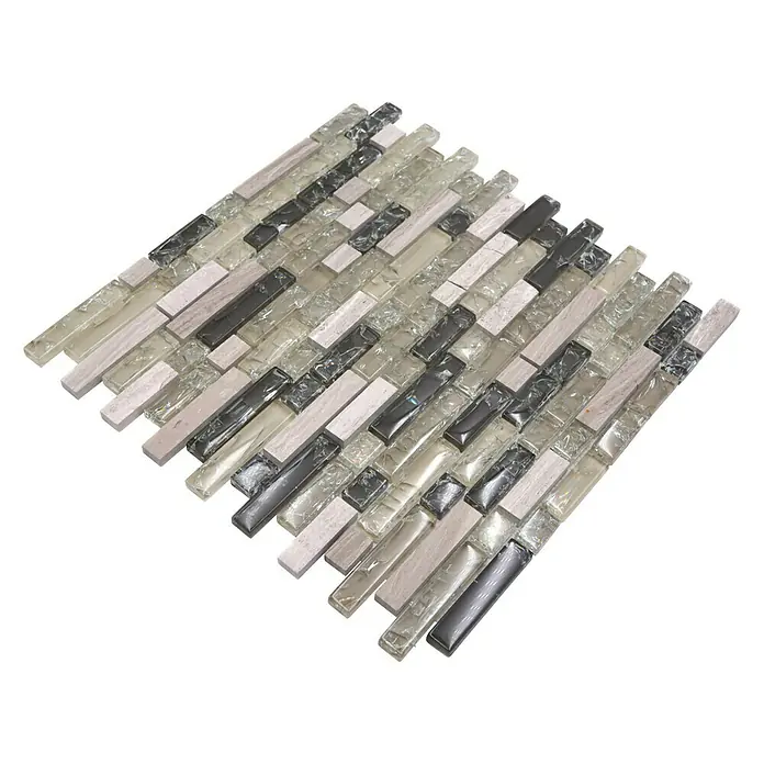 Mosaikfliese Verbund Crystal Mix XIC V1352 - 29,8 x 30,5 cm, Grau/Grün, Glänzend - Ein Mosaikfliesen-Blatt mit einer Mischung aus Glas-, Stein- und Marmoroptik in neutralen Farben. Ideal für Badezimmer oder Küchen.