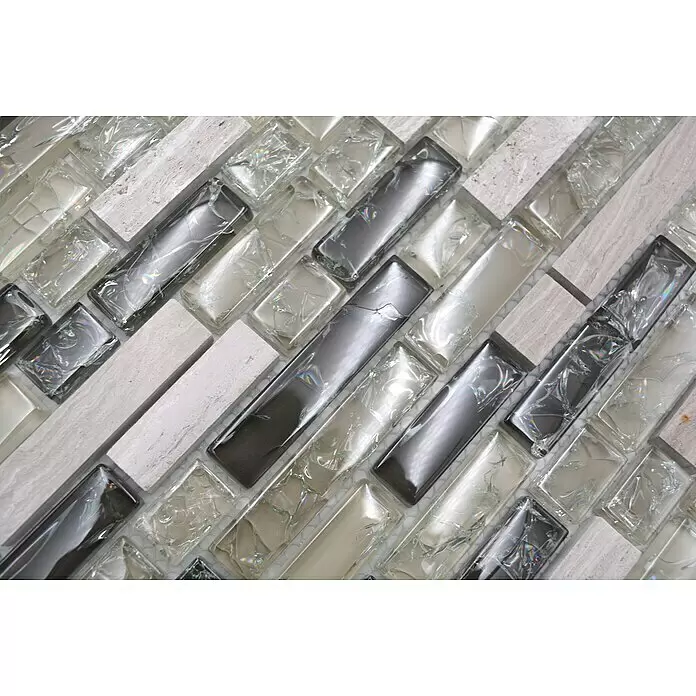 Mosaikfliese Verbund Crystal Mix XIC V1352 - 29,8 x 30,5 cm, Grau/Grün, Glänzend - Detailaufnahme