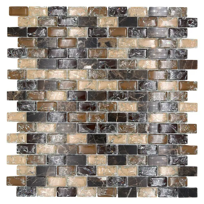 Mosaikfliese Crystal Mix XIC B1155 - 30 x 28,5 cm, Braun, Glänzend - Nahaufnahme eines Mosaiks mit braunen, beigen und grauen Glassteinen.