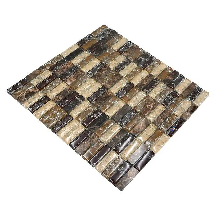 Mosaikfliese Crystal Mix XIC S1255 - 32,2 x 31 cm, Braun, Glänzend - Quadratisches Mosaikfliesenmuster mit braunen und beigen Farbtönen, ideal für stilvolle Wand- und Bodendesigns im Innenbereich.