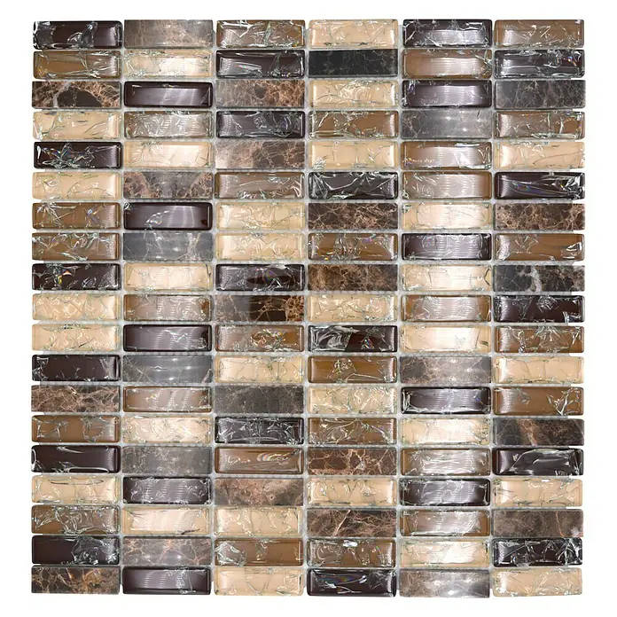 Mosaikfliese Crystal Mix XIC S1255 - 32,2 x 31 cm, Braun, Glänzend - Detailaufnahme einer Mosaikfliese mit verschiedenen Braun- und Beigetönen, ideal für stilvolle Wandverkleidungen in Innenräumen.