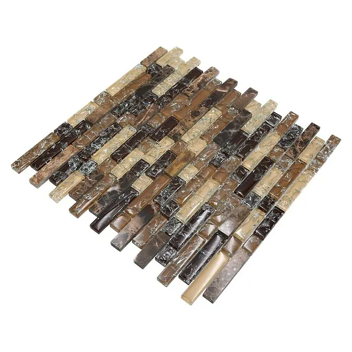 Mosaikfliese Verbund Crystal Mix XIC V1355 - 29,8 x 30,5 cm, Braun, Glänzend - Nahaufnahme eines Mosaiks aus braunen und beigen Glasfliesen auf schwarzem Hintergrund, ideal für Badezimmer und Küchen.