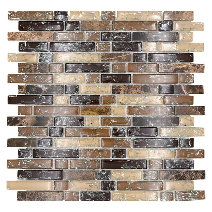 Mosaikfliese Verbund Crystal Mix XIC V1355 - 29,8 x 30,5 cm, Braun, Glänzend - Nahaufnahme eines Musters aus rechteckigen Glasmosaikfliesen in verschiedenen Braun-, Beige- und Grautönen, die ein elegantes, vielseitiges Design zeigen.