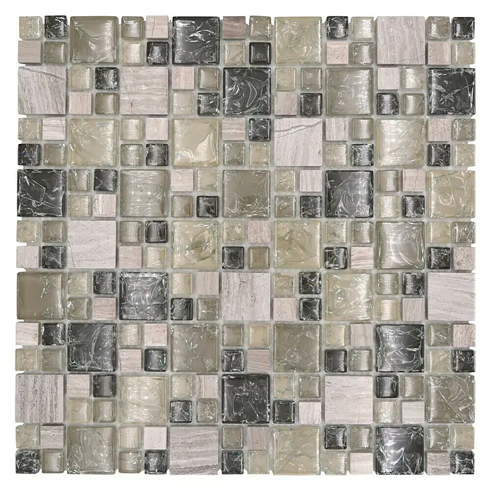 Mosaikfliese Crystal Mix XIC K1452 - 30,5 x 30,5 cm, Grau/Grün, Glänzend - Nahaufnahme eines Mosaiks mit quadratischen Glas- und Steinfliesen in Grau-, Beige- und Silbertönen, ideal für stilvolle Wandgestaltungen.
