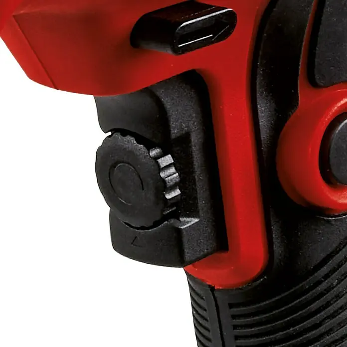 Einhell Classic Martillo combinado TC-RH 620 4F - 620 W, 2,2 J, Alojamiento SDS-Plus - Primer plano de una herramienta eléctrica roja y negra, con un dial de ajuste e interruptor, destacando su funcionalidad.