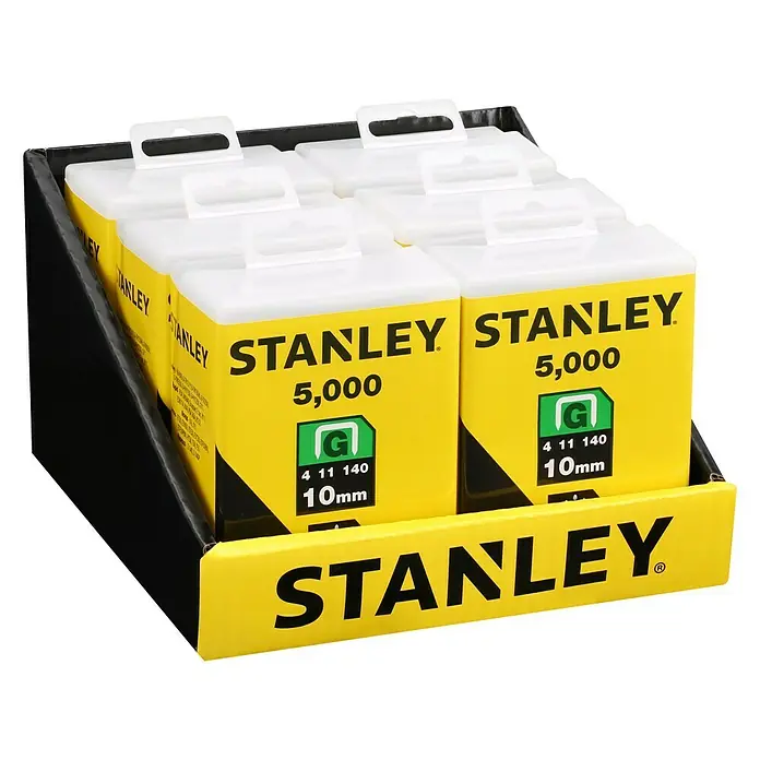 Stanley Flachdrahtklammern Typ G - Klammertiefe: 10 mm, 5.000 Stk. - Eine Nahaufnahme einer Packung Stanley 5.000 10mm Heftklammern, die in einer Verkaufsverpackung präsentiert werden.